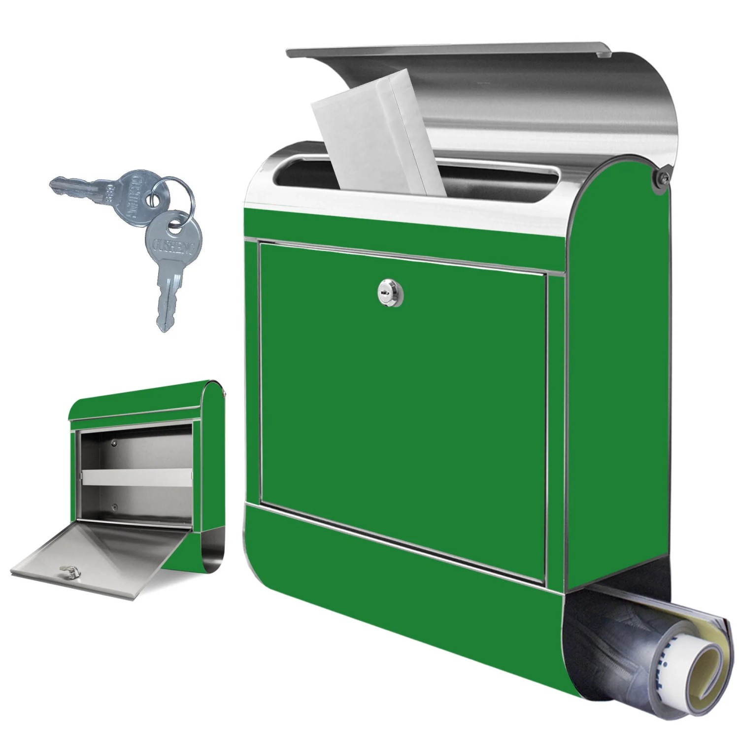 Banjado Briefkasten Edelstahl Grün mit Zeitungsfach und Schlüssel.