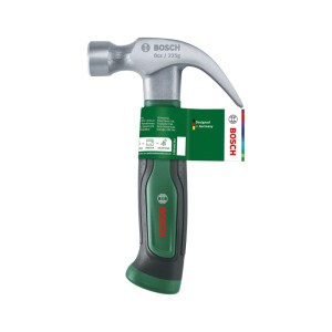 Bosch DIY Klauenhammer 8oz/225g mit silbernem Stahlkopf, grünem Softgrip-Griff und V-Klaue zum Nägel ziehen.