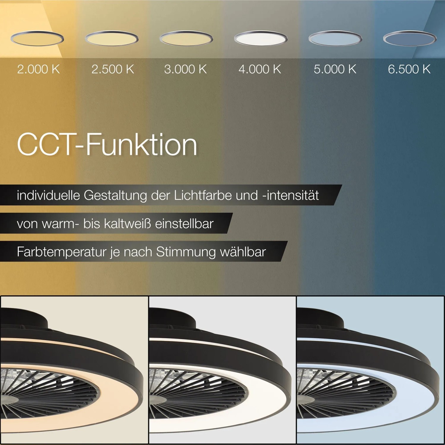 LED-Deckenleuchte Mazzaro mit Ventilator: Farbtemperatur und Helligkeit einstellbar.