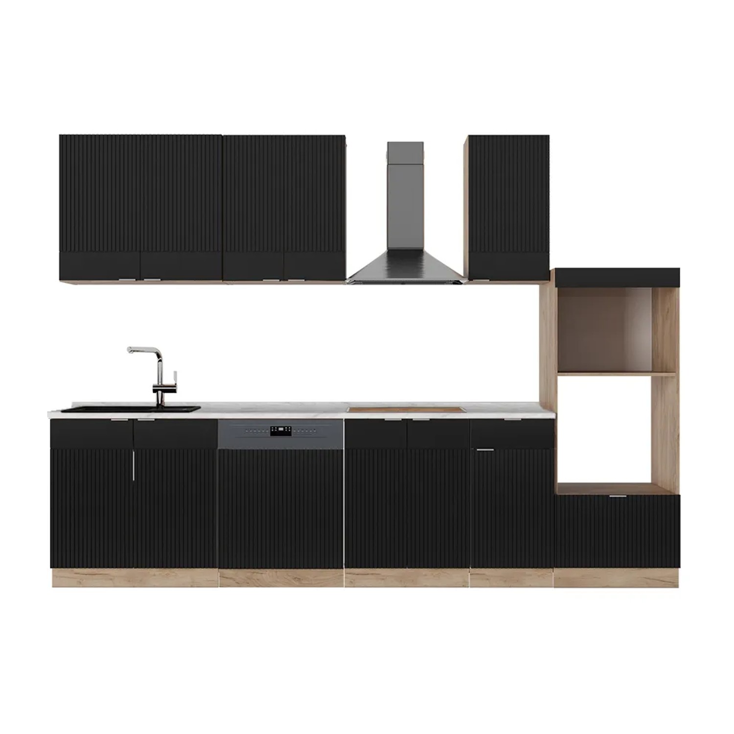 Vicco Fame-Line Küchenzeile Schwarz gestreift/Goldkraft Eiche 300 cm mit HochschrankAP Marmor ohne E-Geräte