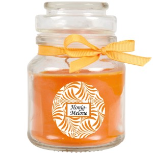 Duftkerze Honigmelone im Glas mit Schleife, Ø7cm. Kerze für entspannte Atmosphäre.