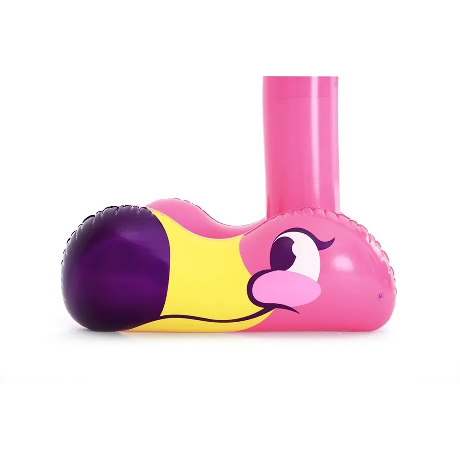 Detailaufnahme: Bestway Jumbo Wassersprinkler Flamingo, pink, gelb, lila, aufblasbar.