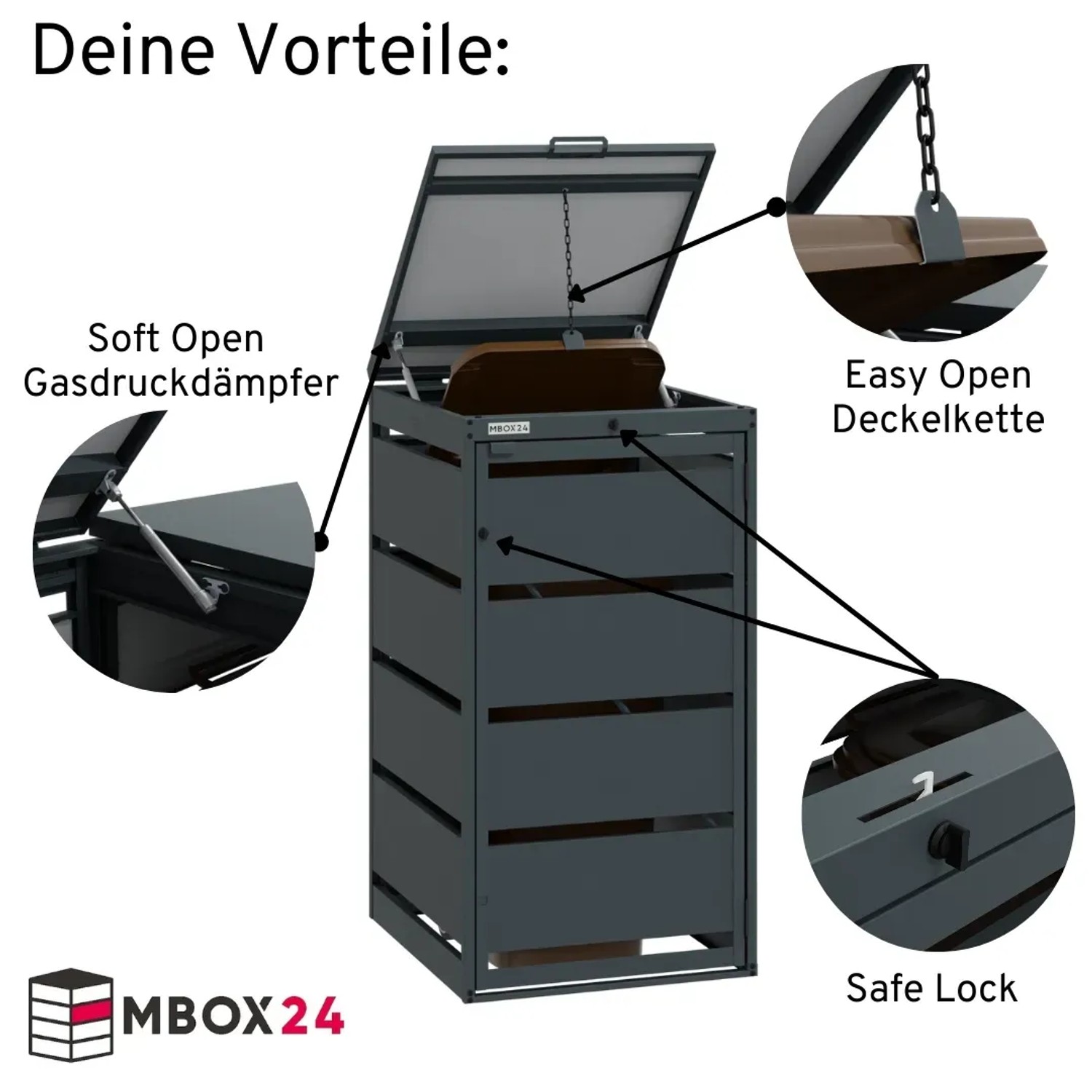 Anthrazit Mülltonnenbox aus verzinktem Stahl mit Gasdruckdämpfer, Deckelkette und abschließbarem Drehschloss.