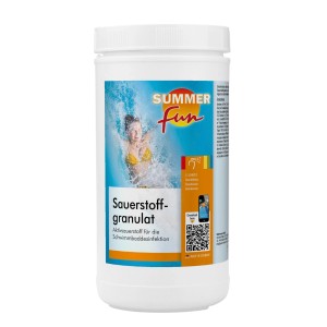 Summer Fun Sauerstoff Granulat 1kg für Pool Desinfektion im weißen Behälter.