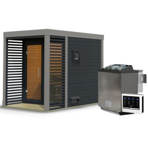 Karibu Saunahaus Seros 1 mit Ofen, anthrazit/graualuminium, mit Terrasse und Lamellenwänden.