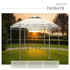 Cremefarbener Tectake Gartenpavillon Siana (Ø 3,5 m) mit wasserabweisendem Dach und Metallgestell.