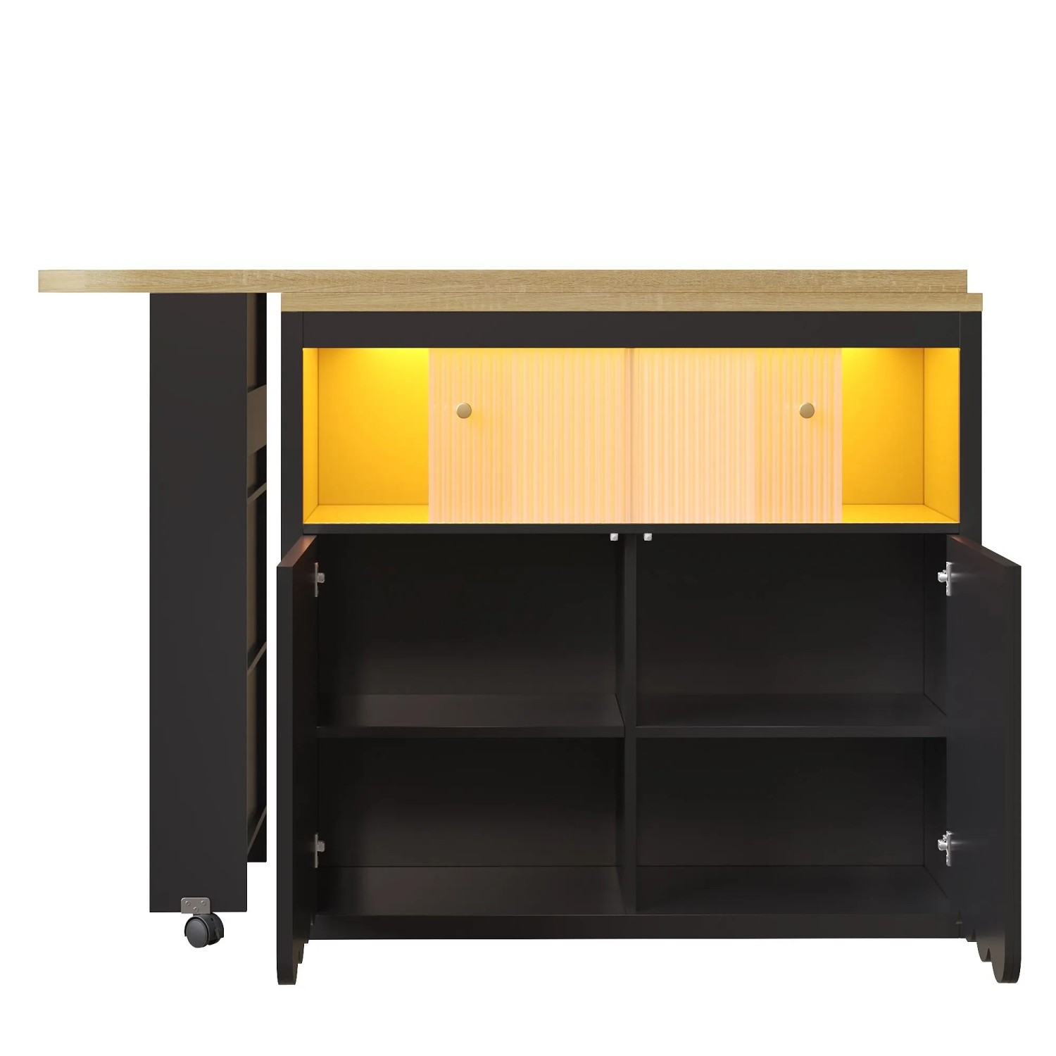okwish Bartisch mit Ausziehbarem Stauraum LED Beleuchtung 205 x 39 x 100 cm Schwarz Natur