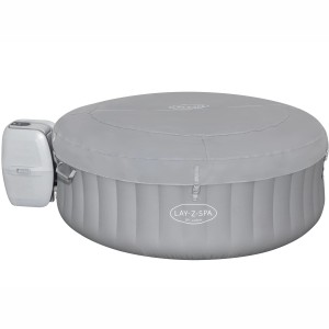 Grauer Bestway Lay-Z-Spa St. Lucia AirJet Whirlpool mit Abdeckung und Pumpe.