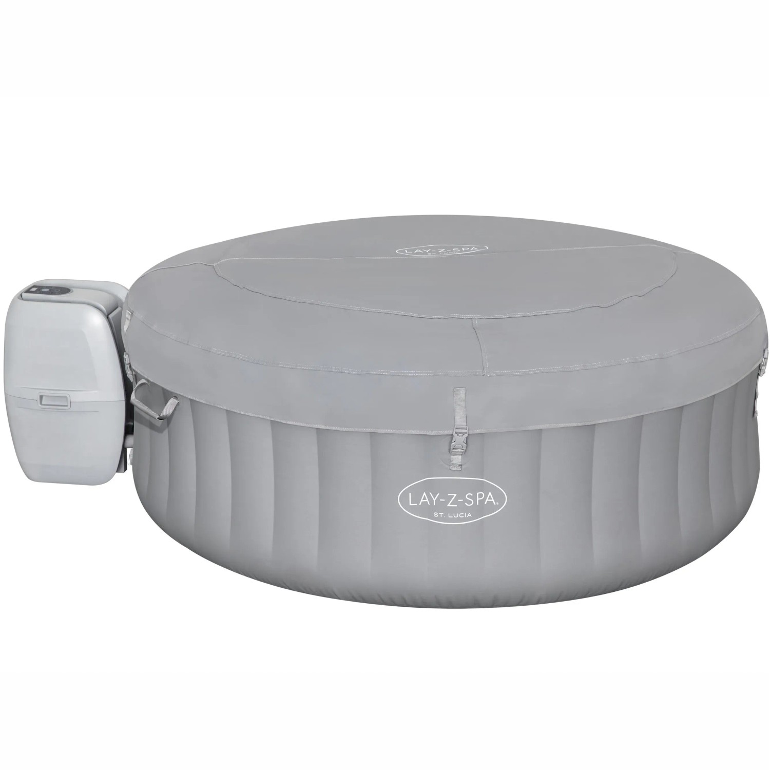Grauer Bestway Lay-Z-Spa St. Lucia AirJet Whirlpool mit Abdeckung und Pumpe.