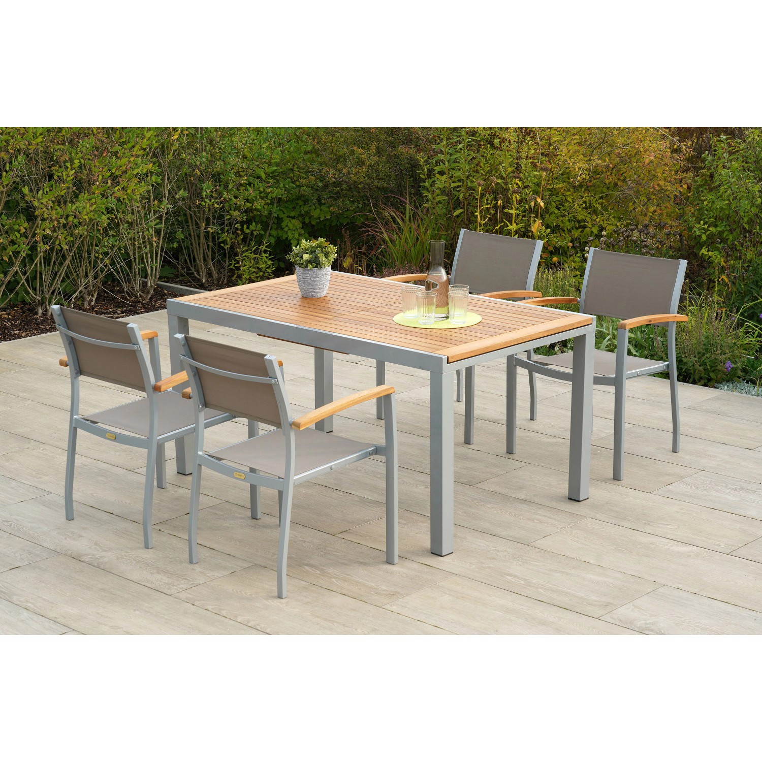 Merxx Naxos Set 5-tlg. 4 Stapelsessel Gartentisch Ausziehbar 150 (200) x 90 günstig online kaufen