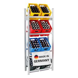 Verzinktes Getränkekistenregal Chiemsee mit 4 Ebenen für 8 Kisten, Made in Germany.