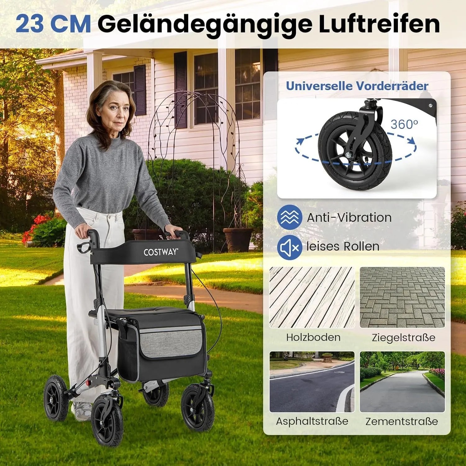 Costway Rollator mit Luftbereifung Faltbar 7-Fach Höhenverstellbar Silber_5