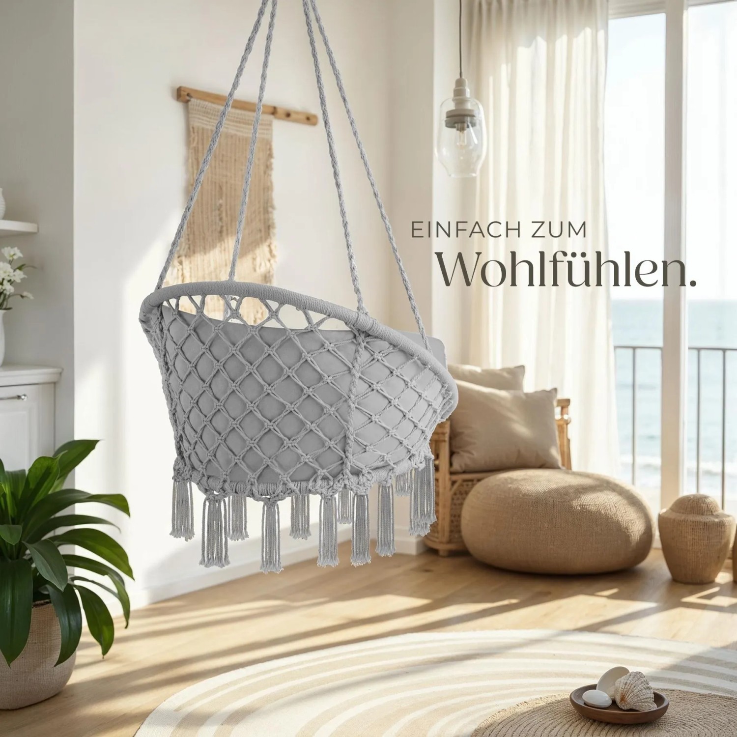Tectake Hängesessel Grazia Mit Sitz  und Rückenpolster Stabil und Strapazierfähig  72 x 80 x 125 cm Grau_8