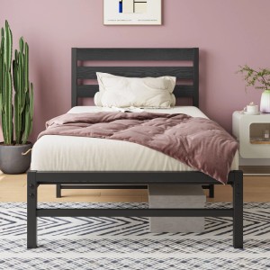 Schwarzes okwish Metallbett 90x200cm mit Lattenrost und dunklem Kopfteil in Holzoptik. Einzelbett für Gästezimmer mit Stauraum.