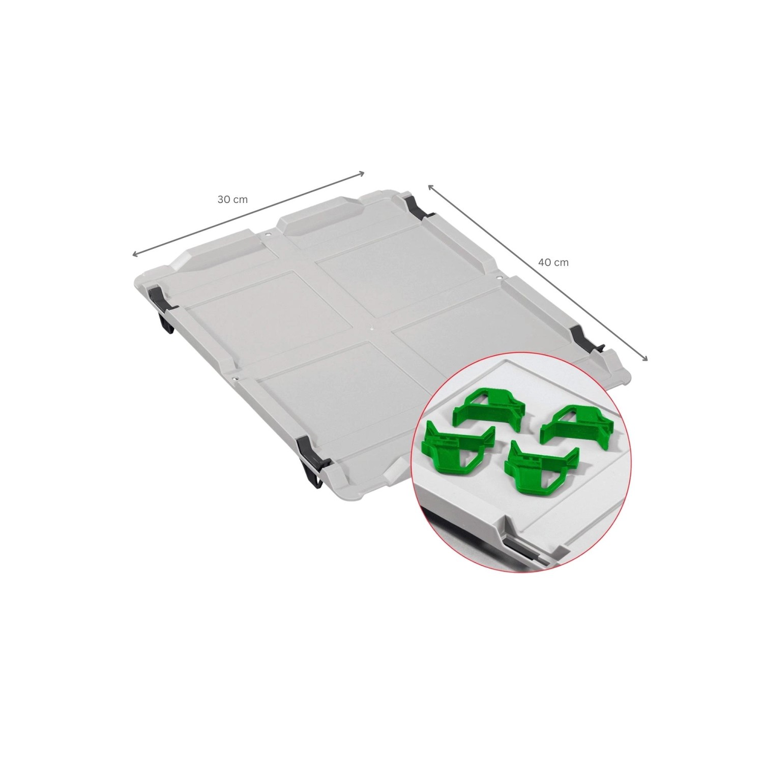 Grauer Deckel mit grünen Schnappverschlüssen für PROREGAL Eurobox Nextgen Economy Aufbewahrungsbox, 30x40 cm.