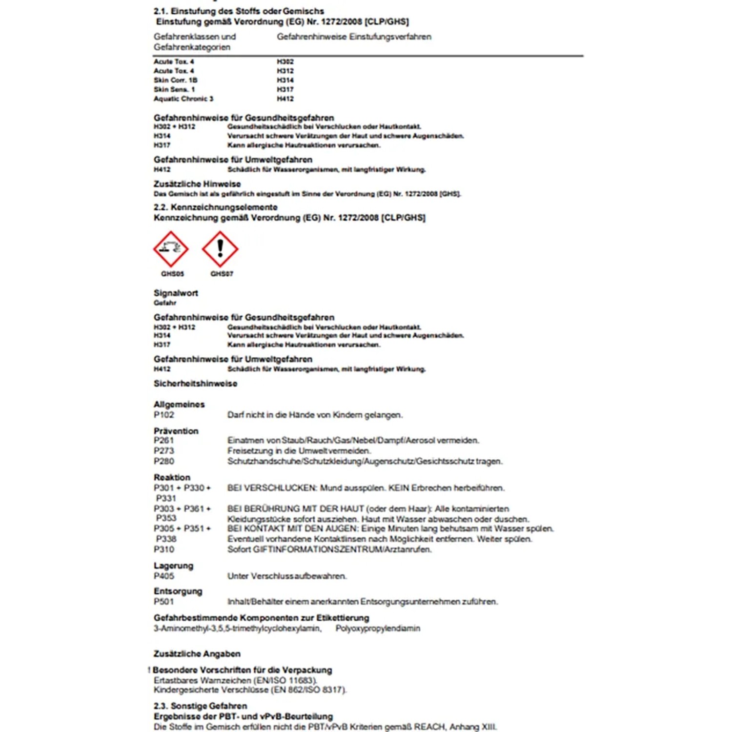 Sicherheitsdatenblatt mit Gefahrenhinweisen und Schutzmaßnahmen für chemische Produkte.