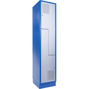 Blau-silberner Güde Z-Schrank, Werkzeugschrank mit Fächern und Lüftungslöchern.