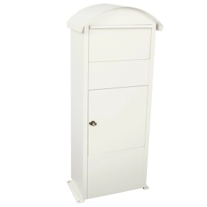 Freistehender, weißer Briefkasten Victorian aus pulverbeschichtetem Stahl mit Einwurfklappe und abschließbarer Tür.
