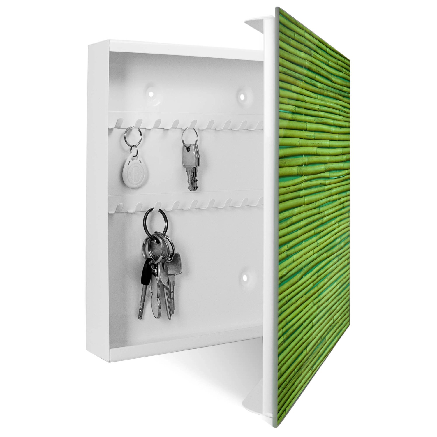 Banjado Schlüsselkasten mit Bambus Motiv, 50 Haken, beschreibbare Glastür, Magnettafel.