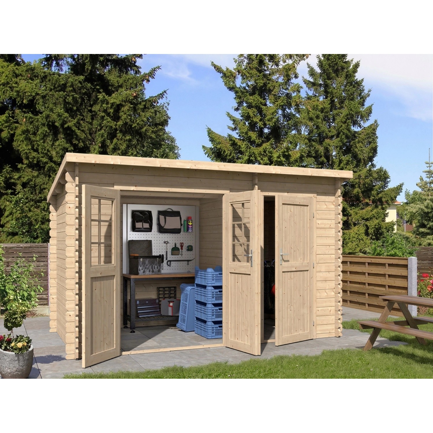 Woodtex Gartenhaus Blockbohlenhaus Aster 2 B 28 mm Pultdach Zweiraumhaus