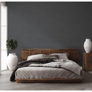 Schlafzimmer mit grauer Metropolitan Stories II Vliestapete mit Ornamenten.