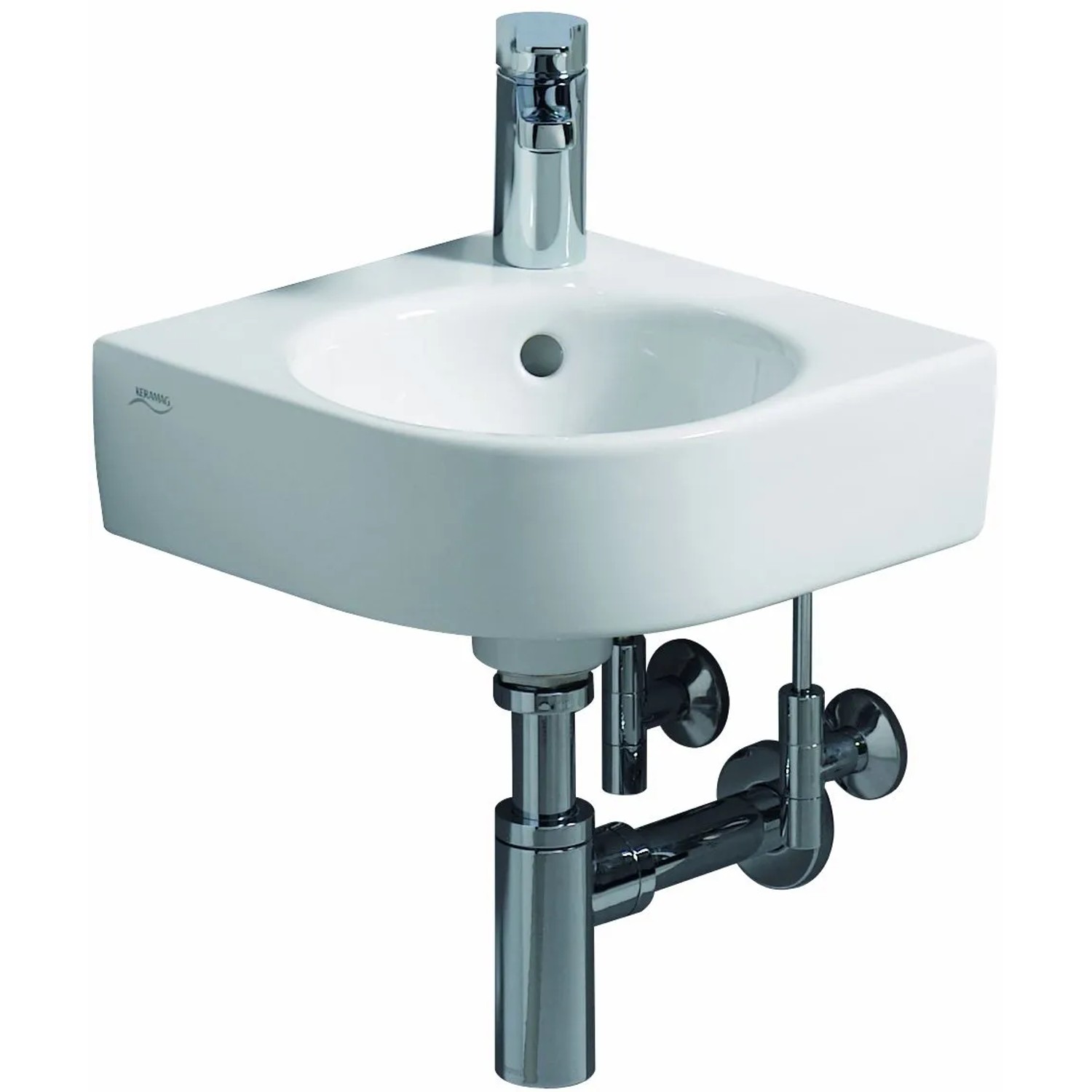 Geberit Renova Compact Eck-Handwaschbecken, 45 cm, weiß, mit Hahnloch und Überlauf.