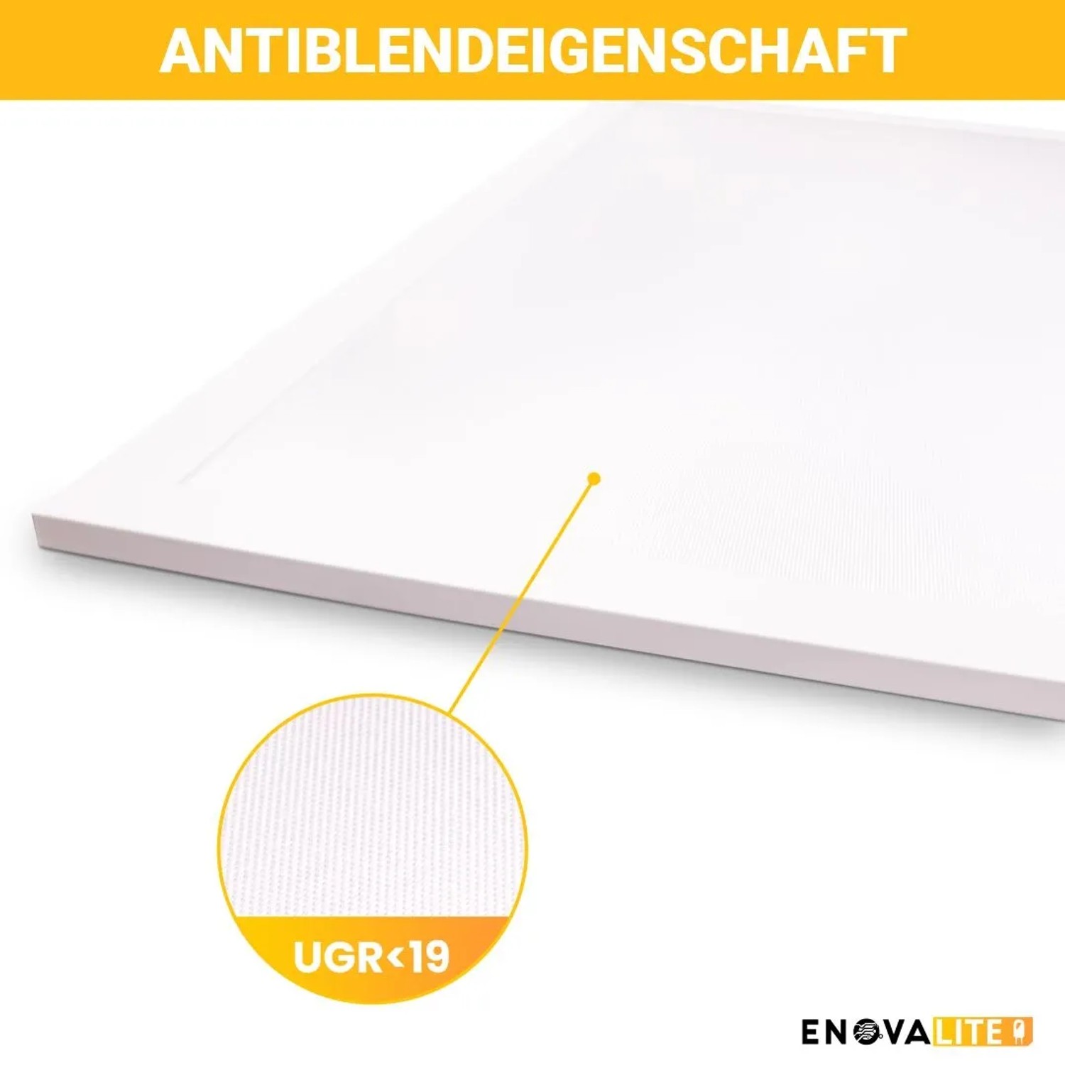 Detailaufnahme eines weißen ENOVALITE LED Panel mit UGR<19 Antiblendung für Rasterdecken.