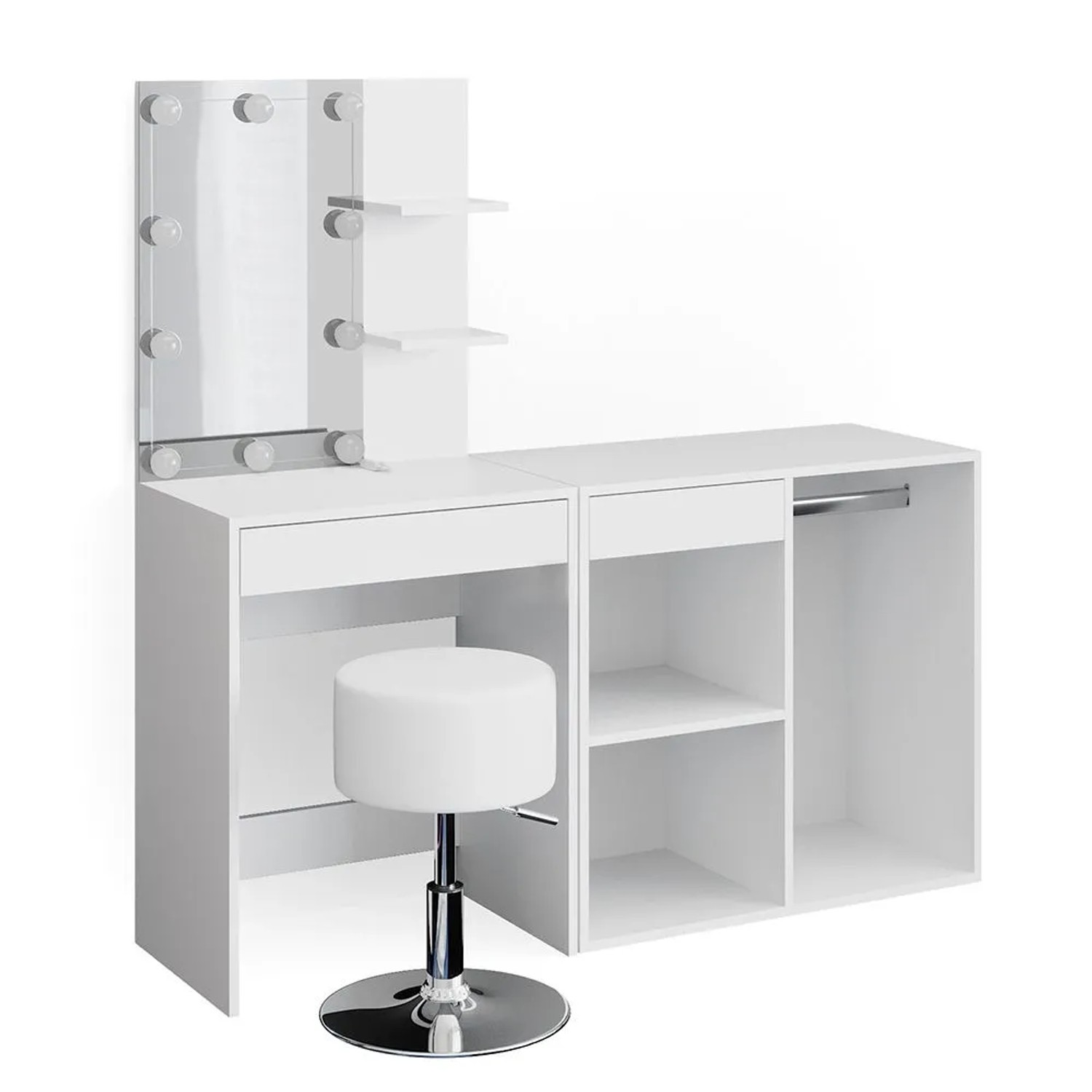 Vicco Schminktisch Isabelle Weiß 140 x 140 mit Spiegel, LED-Lichterkette, Hocker und Anstellschrank