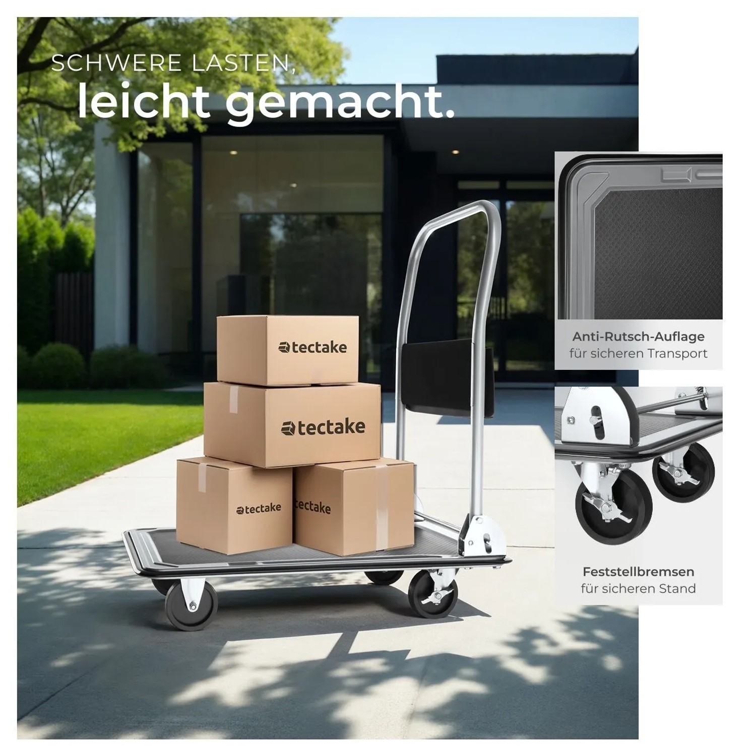 Tectake Plattformwagen  Klappbarer Handgriff Mit Aufbewahrungsfach 2 Block  und 2 Drehrollen  73 x 47 x 83 cm Schwarz_4