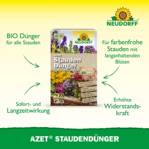 Packung Neudorff Azet Stauden-Dünger 1 kg für farbenfrohe, prächtige Blüten.