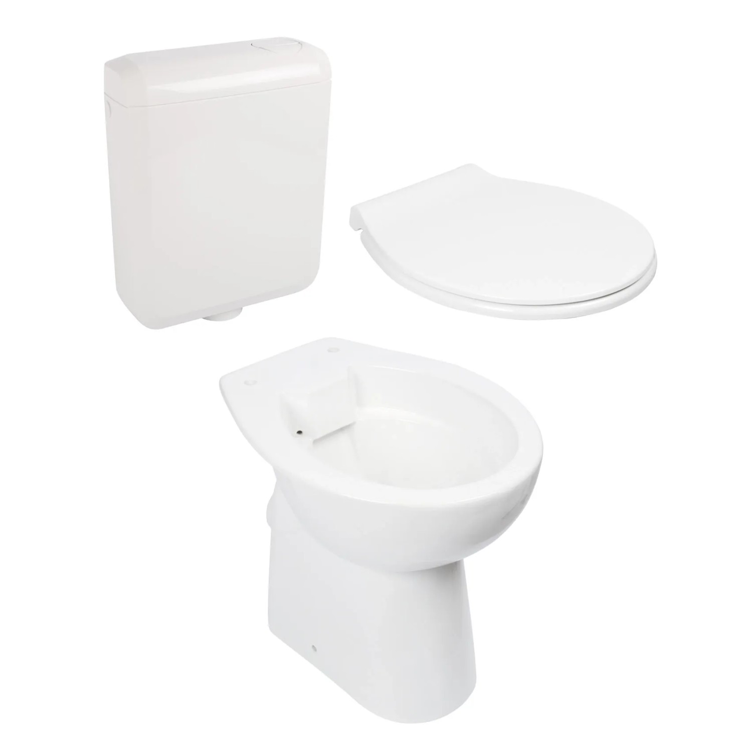 Calmwaters Stand-WC Set: Erhöhtes, spülrandloses WC mit Sitz und Spülkasten in Weiß.