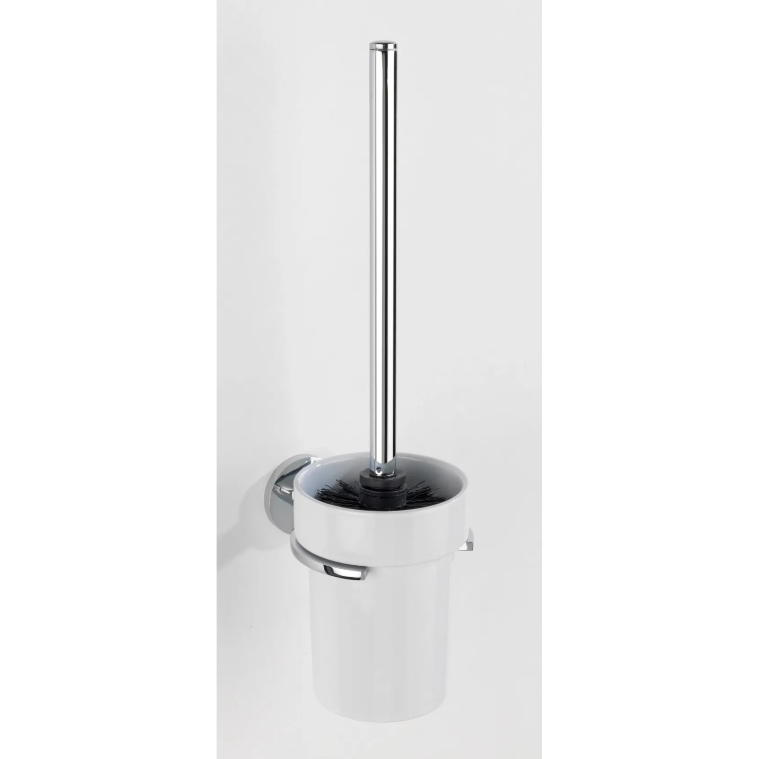 Wandhängende Wenko WC-Garnitur Isera in Silber glänzend mit weißem Behälter und schwarzer Bürste.