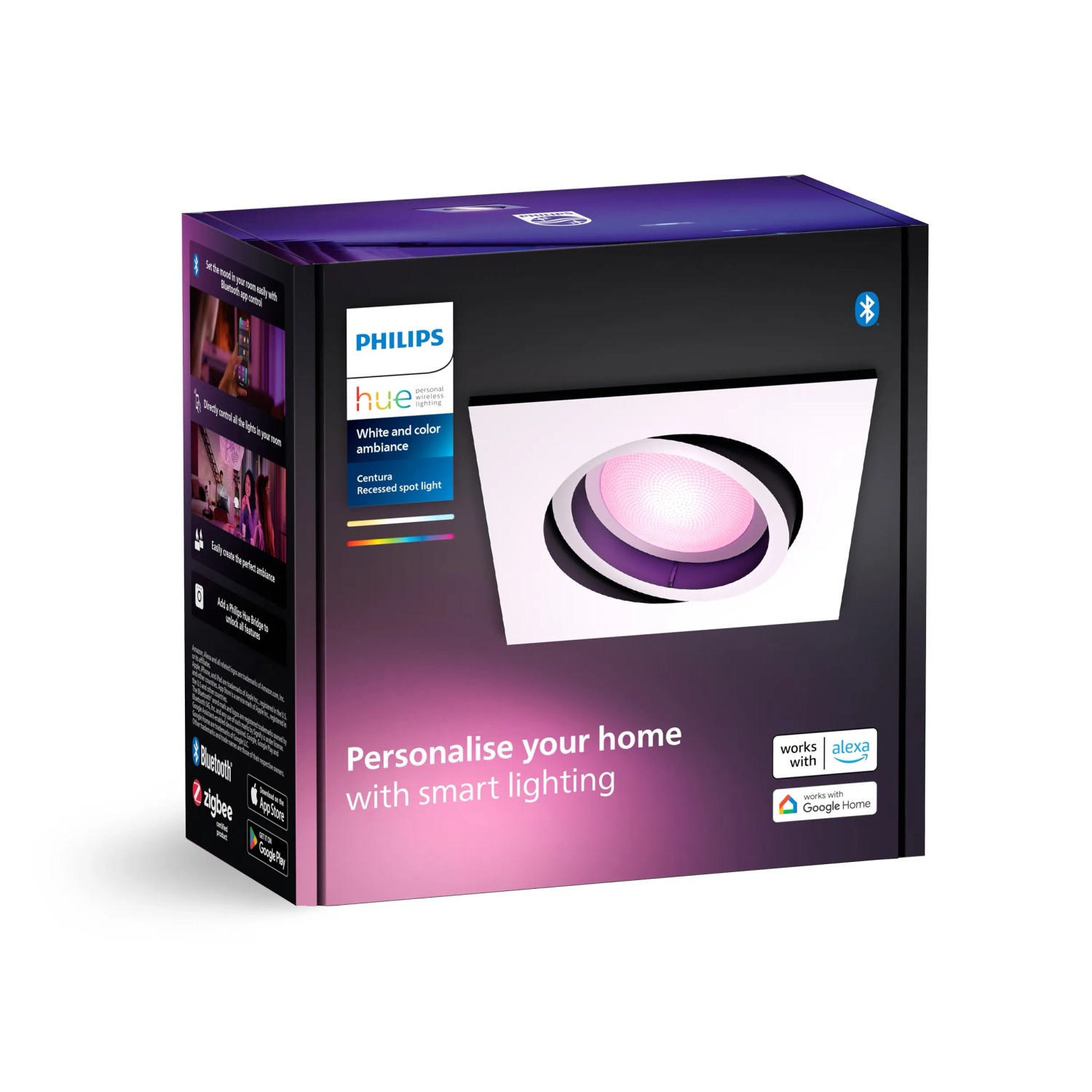 Verpackung des Philips Hue LED-Einbauspots Centura, eckig, weiß, mit Farblicht.