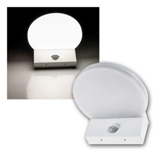Weiße ChiliTec Außen-Wandleuchte mit rundem Diffusor, Bewegungsmelder und Kunststoffgehäuse. Neutralweißes Licht.