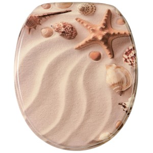 Sanilo WC-Sitz Sanibel mit Strandmotiv: Toilettendeckel aus Holz mit Sand und Muscheln.