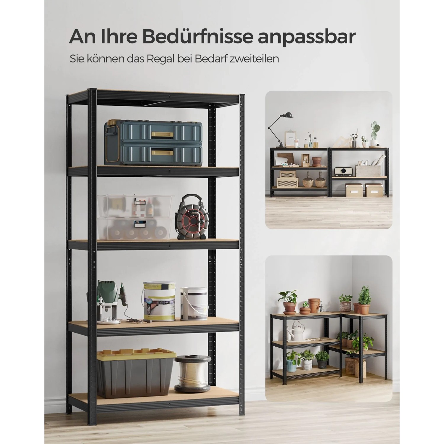 Schwarzes Songmics Lagerregal (50x100x200 cm) mit fünf Ebenen und diversen Gegenständen.