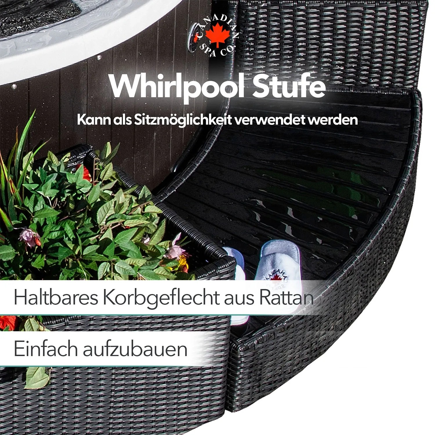 Canadian Spa Stufe in Braun für runde Whirlpools, aus Rattan gefertigt.