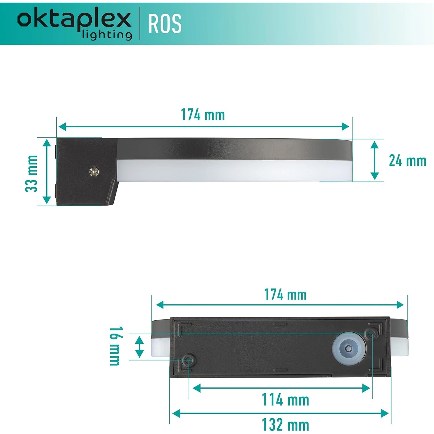 Abmessungen der flachen, anthrazitfarbenen Oktaplex LED Außenleuchte Ros IP65.