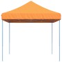 Faltbares, oranges Partyzelt mit blauem Stahlgestell, ideal für Gartenpartys und Feste.