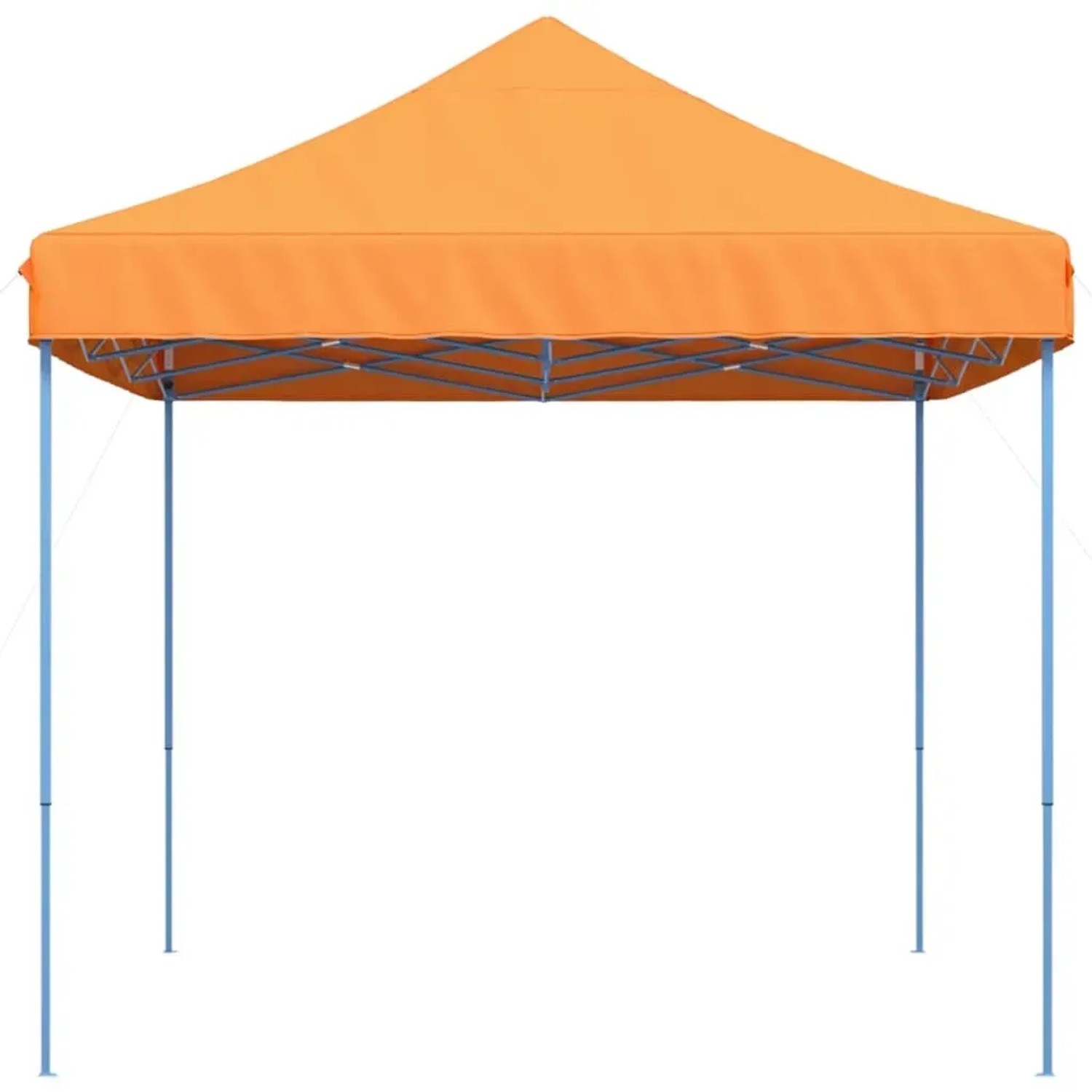 Faltbares, oranges Partyzelt mit blauem Stahlgestell, ideal für Gartenpartys und Feste.