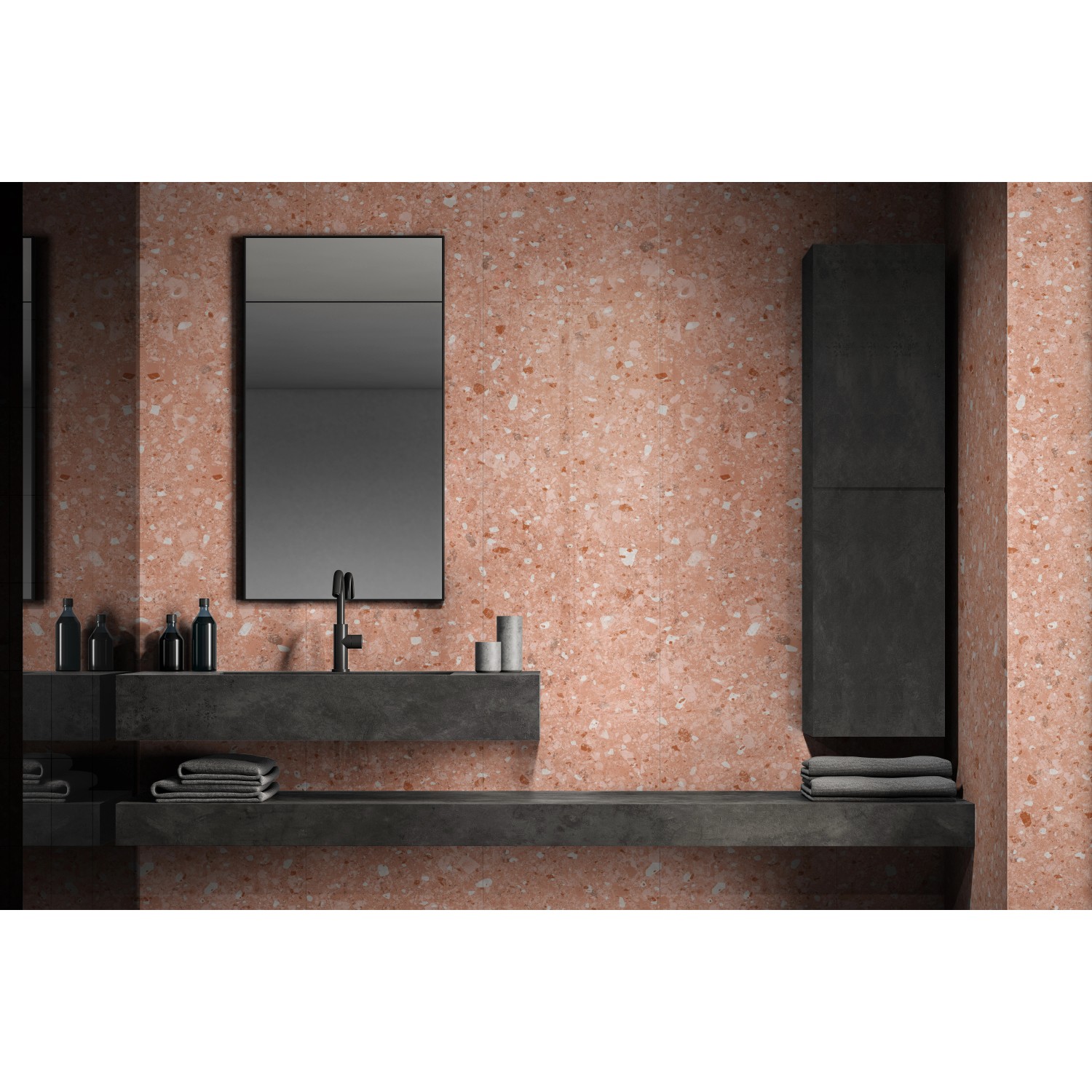Badezimmer mit Grosfillex Wandpaneelen in 3D Optik New Terrazzo Rose.