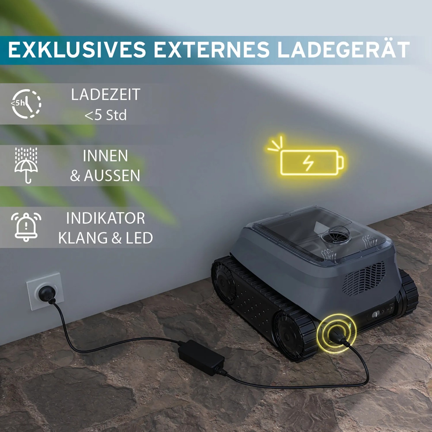 Zodiac Poolroboter OF4220 Iq beim Laden mit externem Ladegerät. Wetterfest und für Innen/Aussen.