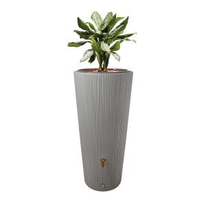 4rain VASO DECOR Regenspeicher in Zinkgrau mit Pflanze. Moderne Regentonne mit 220 L Volumen.