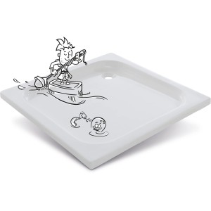 Quadratische, extraflache, weiße baliv Duschwanne DW-80.30 E, 80x80 cm mit Comic-Illustration.