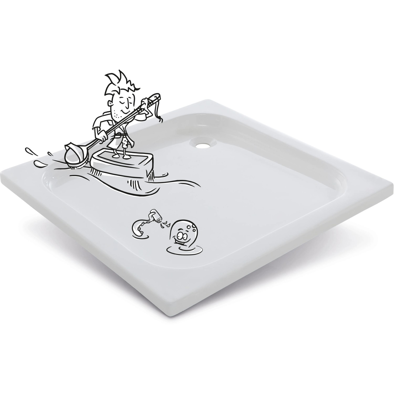 Quadratische, extraflache, weiße baliv Duschwanne DW-80.30 E, 80x80 cm mit Comic-Illustration.
