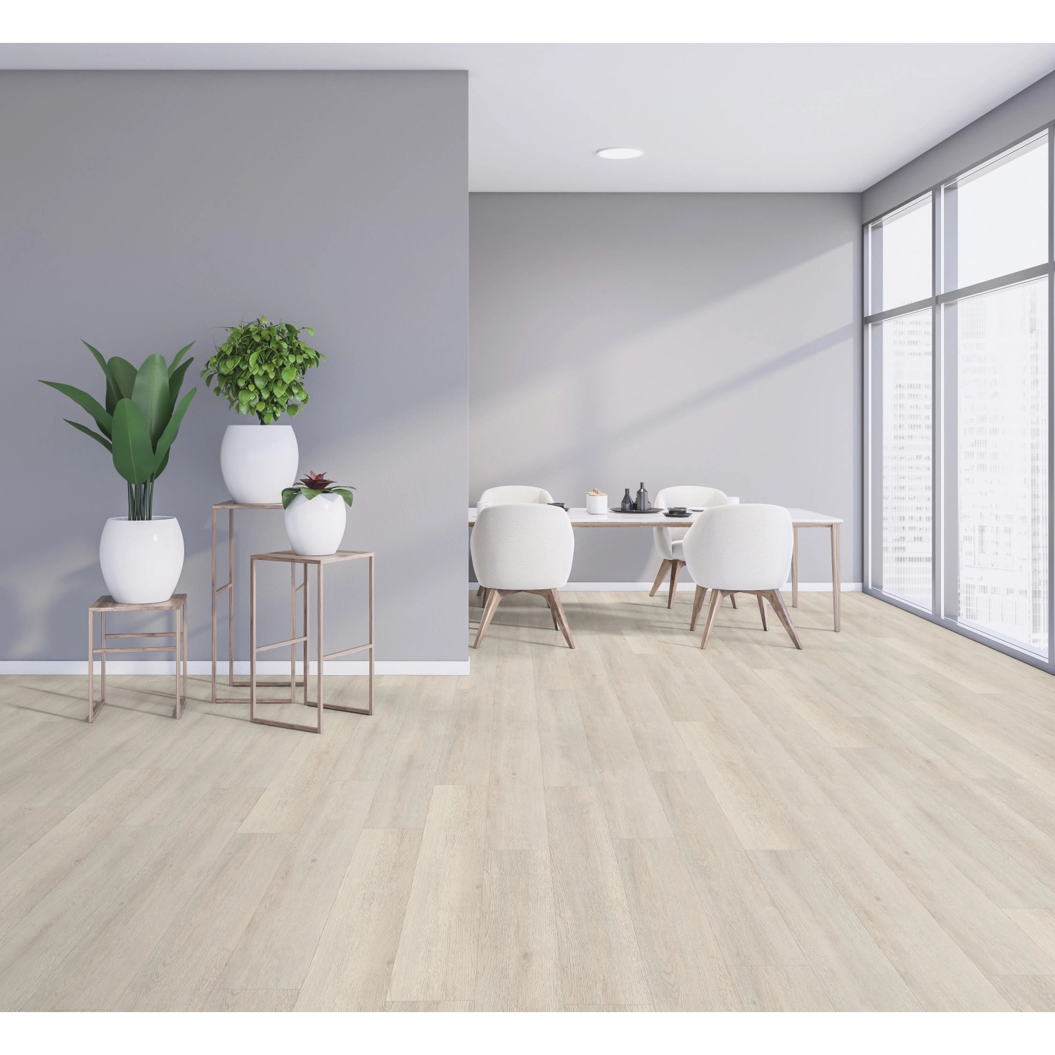 Heller Kaindl Proganic Laminatboden Eiche Arosa Alva im modern eingerichteten Raum.