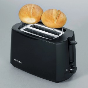 Schwarzer Severin Automatik-Toaster AT 2287 mit Brötchenaufsatz und zwei Brötchen.