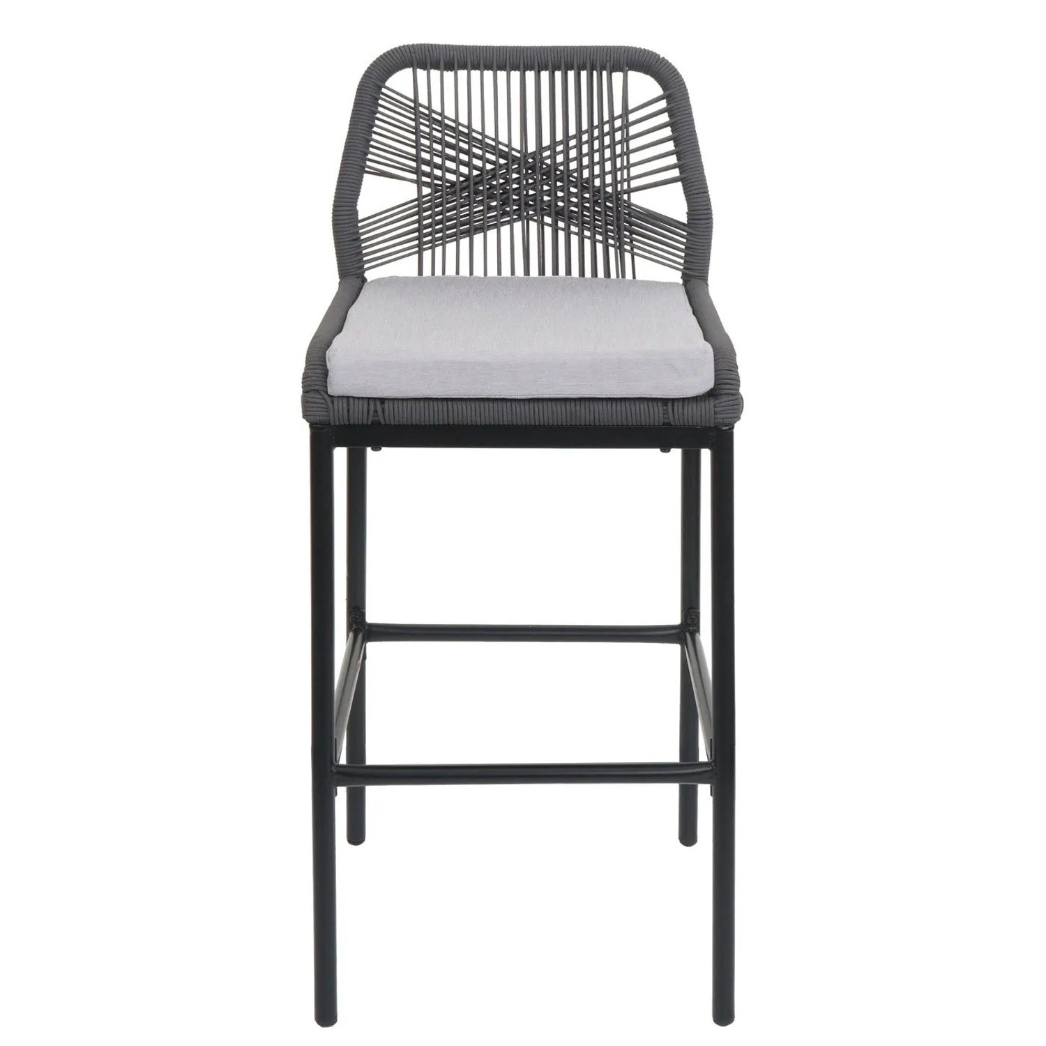 Proregal Barhocker 2er-Set Anthrazit mit Seilgeflecht und hellgrauem Kissen.