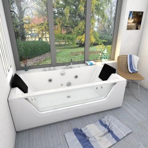 AcquaVapore Whirlpool W83-TH-A: Weiße Badewanne mit Massagedüsen und Glasfront vor Fenster.