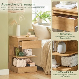 Nachttisch Natur mit Schublade und 2 offenen Ablagen, Holzoptik, im Schlafzimmer. Vielseitiger Stauraum.